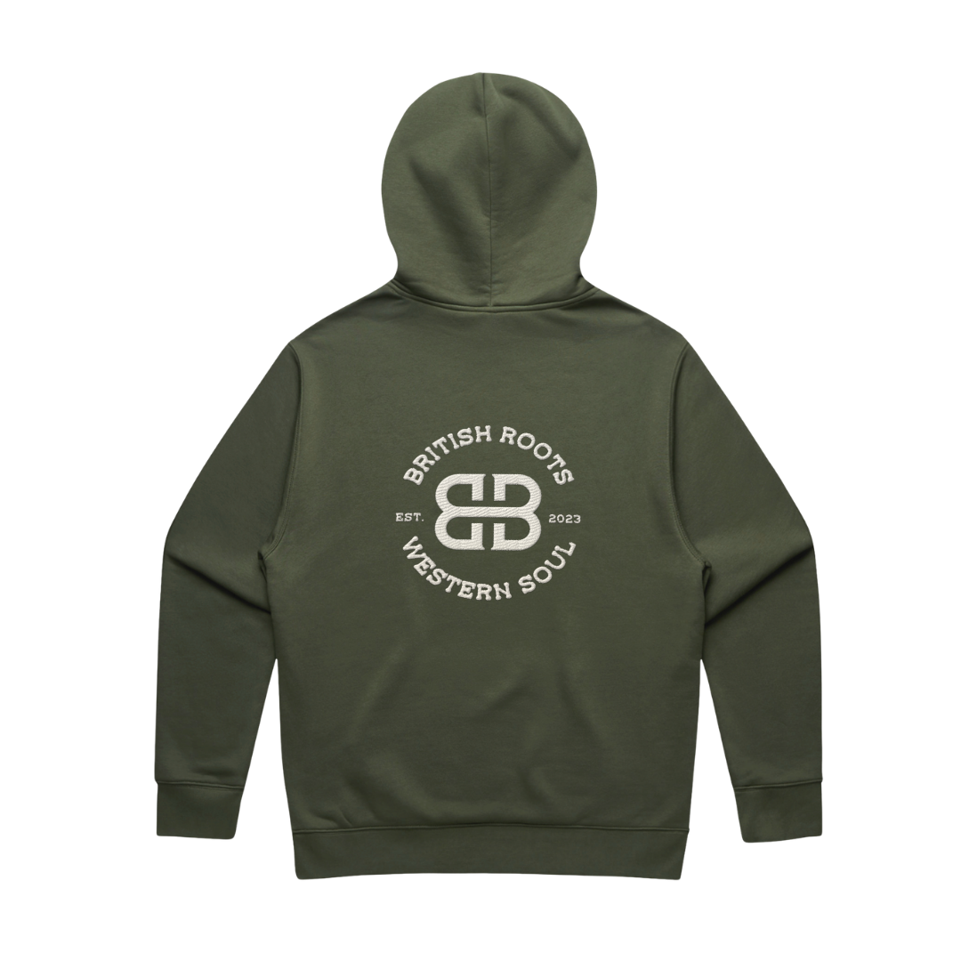 'British Roots, Western Soul' Embroidered Mens Hoodie